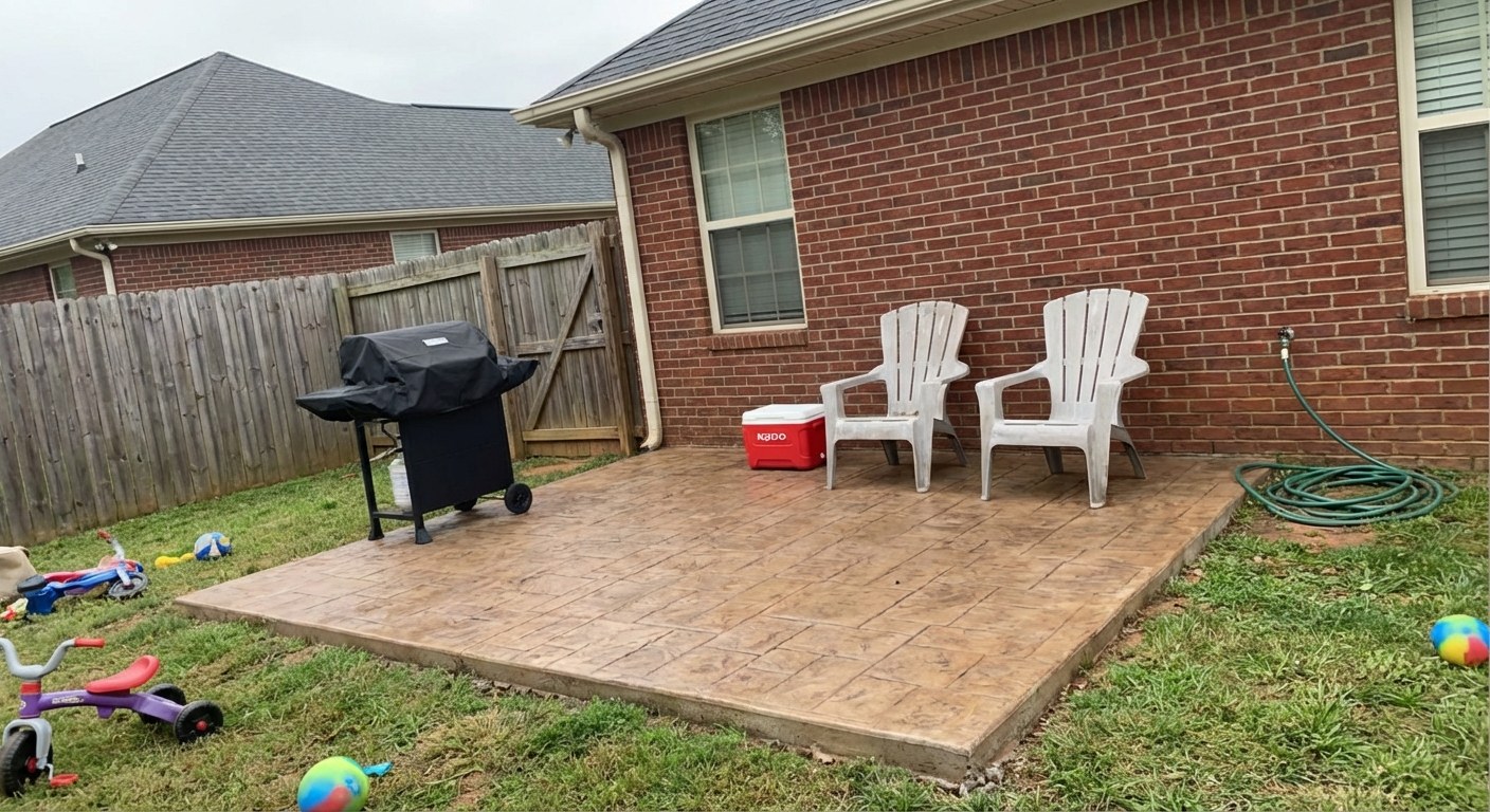 Residential concrete patio with outdoor furniture and grill in Spartanburg SC backyard