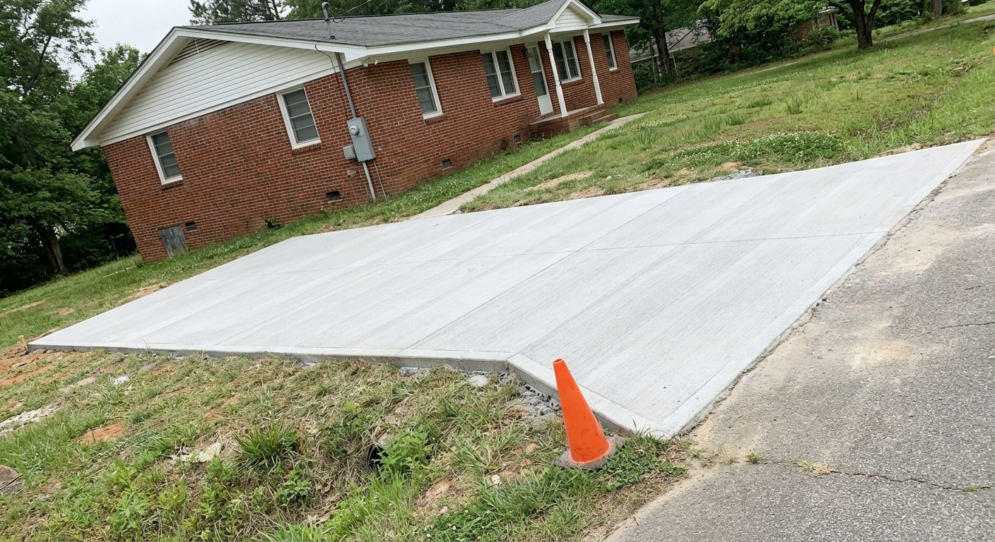 New concrete driveway at brick ranch home in Cherokee County SC