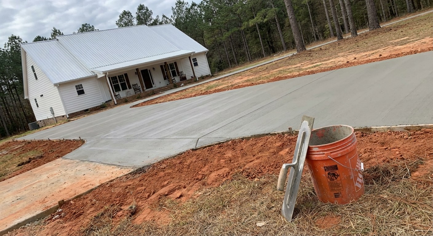 Rural concrete driveway at Southern farmhouse in Cherokee County SC